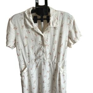 Vintage Eddie Bauer Floral Linen Dress Button Down Short Sleeve Pockets Womens